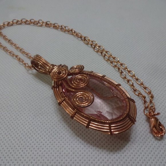 Stunning "PINK TOPAZ" WIRE-WRAPPED Handmade COPPER Pendant/Chain #761A - Picture 3 of 3